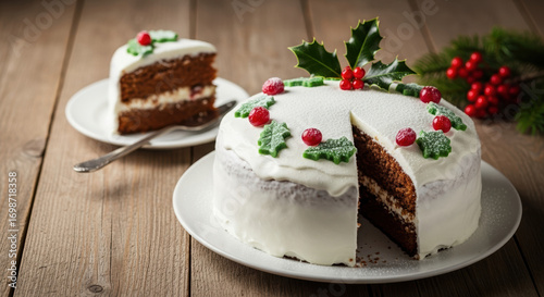 Wallpaper Mural Christmas cake on rustic wooden surface in bright kitchen, slice set apart. Christmas cake with white frosting and holly leaf decoration makes festive centerpiece, Torontodigital.ca
