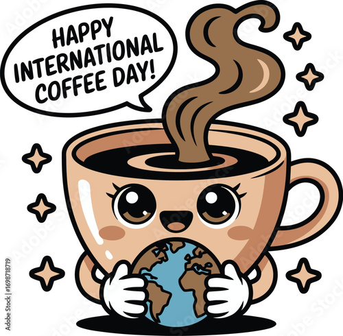 Joyful coffee cup character celebrates International Coffee Day, holding the Earth with a warm smile.