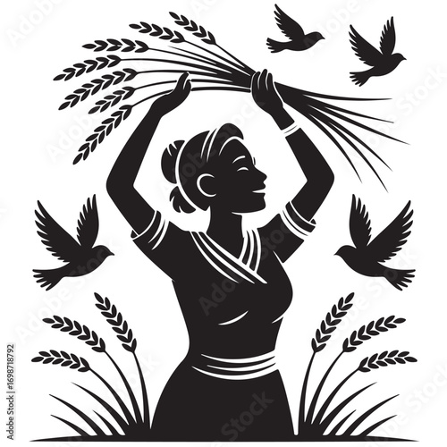 Silhouette of a woman holding a sheaf of wheat with birds flying around her amidst a field of grain
