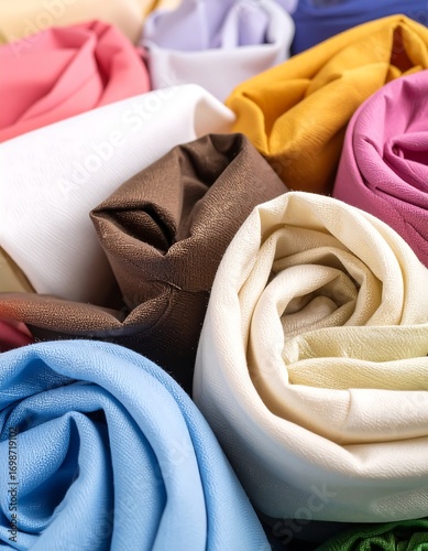 Rolled fabric samples of various colors