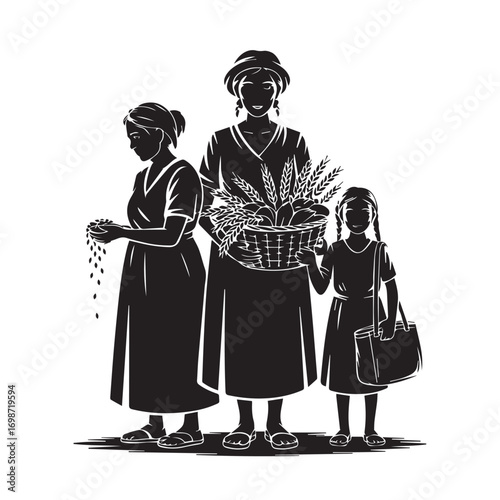Three women of different ages in silhouette standing together holding harvested crops and a basket symbolizing abundance and family