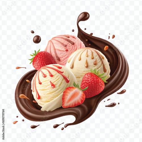realistic swirling creamy vanilla and strawberry ice cream scoops with chocolate splash isolated on transparent background	
