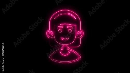 Animated pink neon girl avatar shining on black background for retro design and modern aesthetics