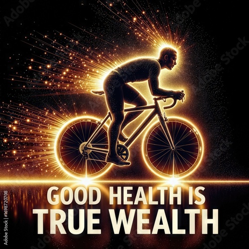A vibrant image showcases a male cyclist illuminated by radiant golden light trails as he rides forward, with the slogan 'Good Health is True Wealth' highlighted beneath him, capturing a sense of moti