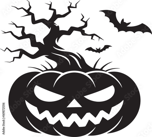 A dramatic silhouette of a Halloween pumpkin with a menacing face, set against a backdrop of a dead tree and bats.