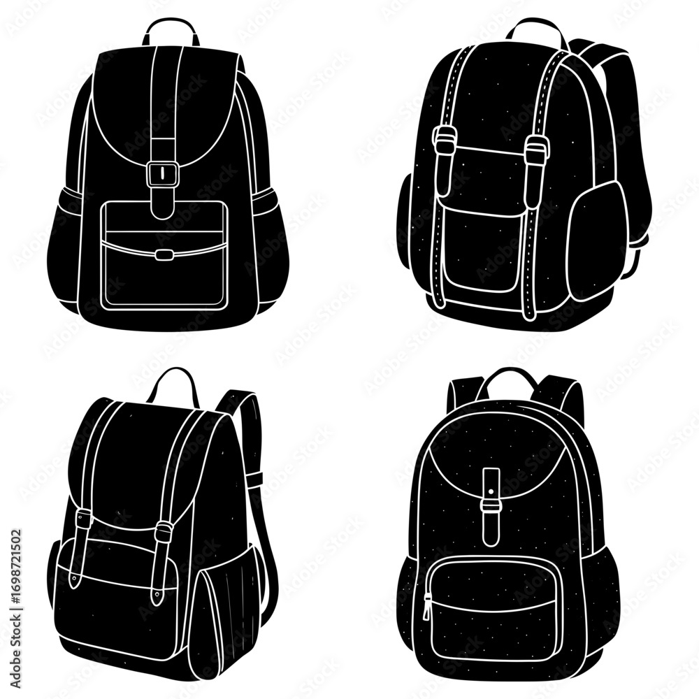 Fototapeta premium Illustration of four different black and white backpacks with straps and pockets in a vector style design