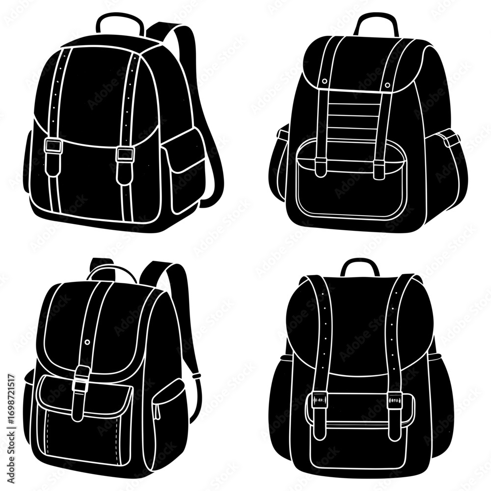 Fototapeta premium Four black and white backpacks with straps and pockets in a vector illustration design format image