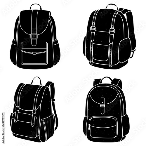 Illustration of four different black and white backpacks with straps and pockets in a vector style design