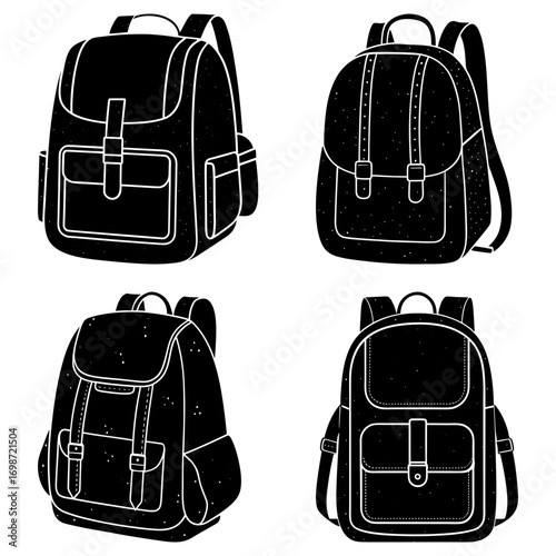 Four black and white backpacks with different designs and styles arranged in a square pattern on white background