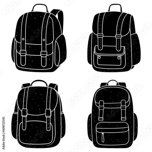 Four black and white backpacks with straps and pockets in a simple cartoon style illustration design