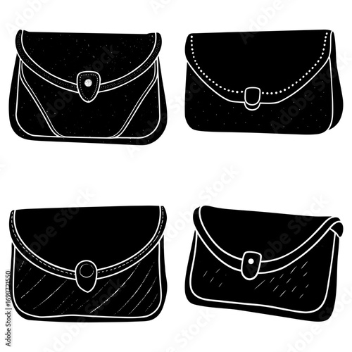 Illustration of four black clutch purses with different flap and clasp designs on a white background displayed