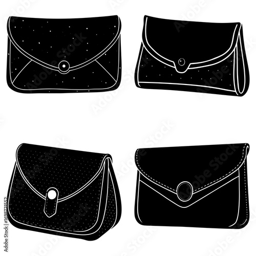 Illustration of four different style black and white clutch purses with varying details and shapes