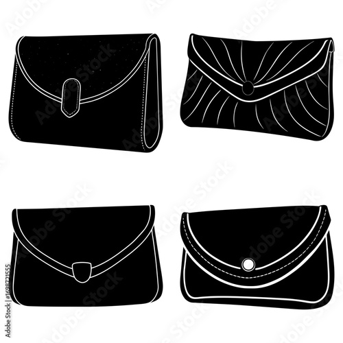 Illustration of four black clutch purses with different flap and clasp designs on a white background