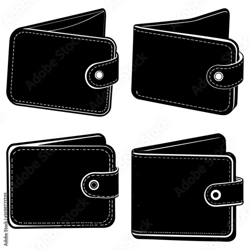 Four black leather wallets with snap closures arranged in a square pattern on a white background view