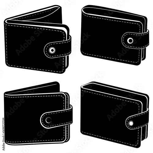Illustration of four black leather wallets with button closures in various open and closed positions