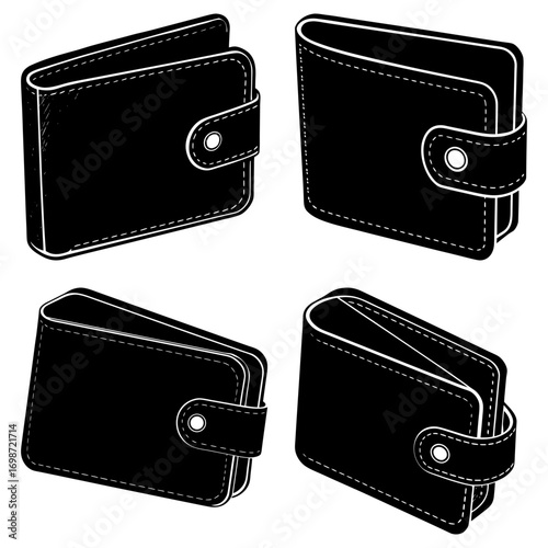 Four black wallets with white stitching and button closures arranged in a square formation on white
