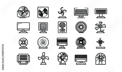 Collection of black and white fan icons showcasing various types of cooling devices and ventilation methods