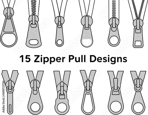 15 zipper pull designs, black and white vector, zipper slider styles, fashion accessory elements, sewing hardware illustrations, clothing fastener options, garment design components