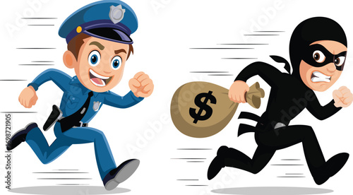 Cartoon police chasing thief, robbery in action, law enforcement pursuit, crime scene illustration, cartoon criminal running, money bag theft, police and thief chase