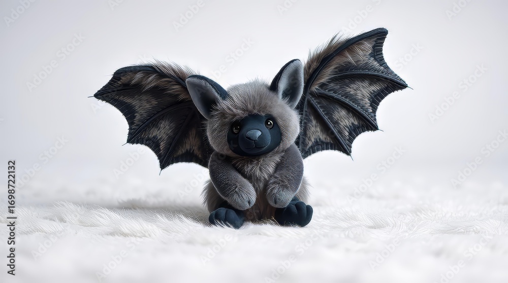 Obraz premium Plush halloween bat toy with fluffy wings in pastel black and gray colors