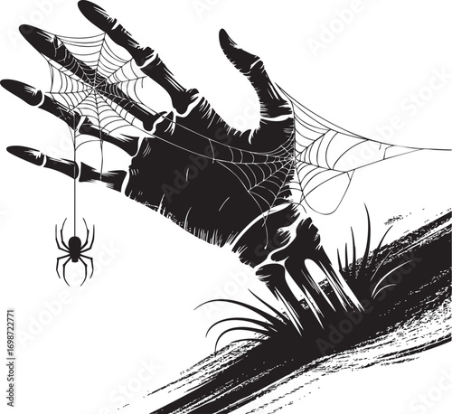 A striking black and white illustration of a skeletal hand emerging from the ground, clutching a spiderweb with a spider dangling from it.