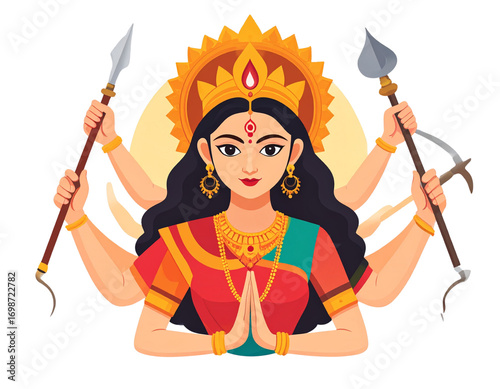Mythological Goddess Durga Protective Feminine Power Symbol with Weapons Isolated PNG