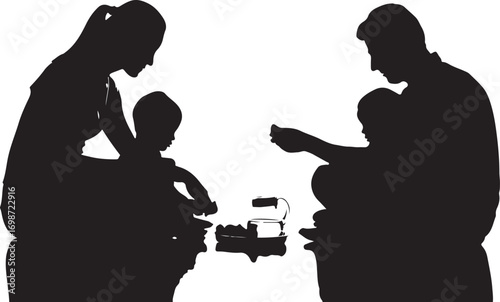 Silhouette of a family having a meal together on a white background Keywords: family, silhouette, meal, eating, together, parents, children, home, domestic, lifestyle, bonding, food, drink, table