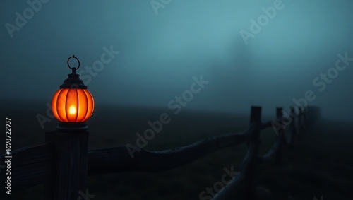 Illuminated pumpkin lantern on a fence post in a foggy and dark outdoor halloween night scene view