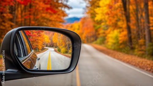 Wallpaper Mural Autumn road trip view in car mirror fall foliage Torontodigital.ca