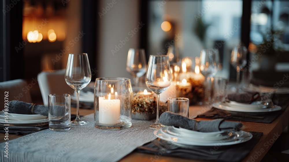 Fototapeta premium elegant dinner table set for a small celebration at home candles wine glasses and a minimalist chic decor