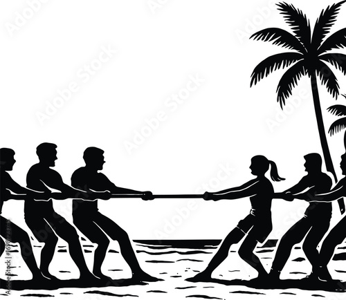 Tug of War Game Vector - Team Competition on the Beach