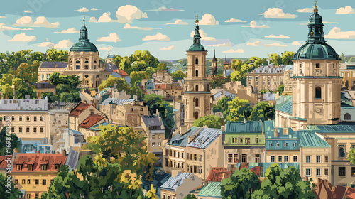 Cityscape of lviv, city in Ukraine, attractive touristic advertisement poster, beautiful touristic must-see destination. Beautiful tourist destination, in eastern central europe. Historic buildings, 