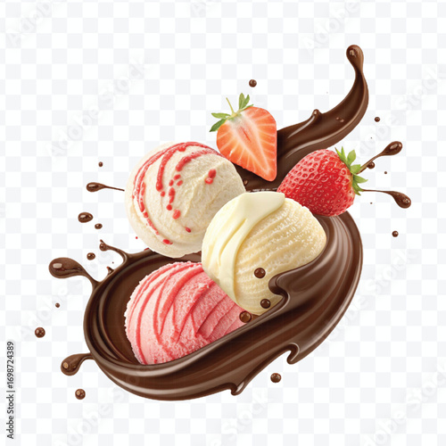 realistic swirling creamy vanilla and strawberry ice cream scoops with chocolate splash isolated on transparent background	