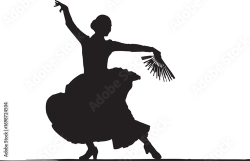 Silhouette of a flamenco dancer in a flowing dress holding a fan woman