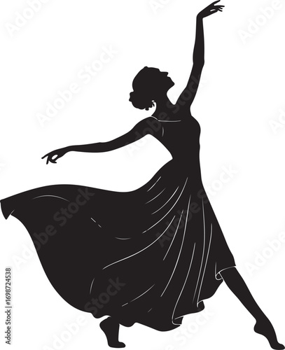 Silhouette of a graceful ballerina in a flowing dress performing a dance pose Keywords: ballerina, dancer, silhouette, ballet, dance, pose, graceful, elegant, movement, performance, art, female