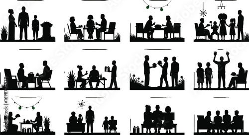 Silhouette family dinner scenes, parents with children eating together, holiday meals, bonding moments, celebration, parenting, food sharing, festive gathering