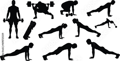 Silhouette fitness training exercises, men and women doing push-ups, weightlifting, dumbbells, strength workout, body conditioning, muscle building, athletic training, gym routine, health