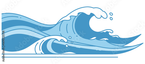 Stylized Blue Ocean Waves Breaking On White Keywords: wave, ocean, sea, water, blue, nature.