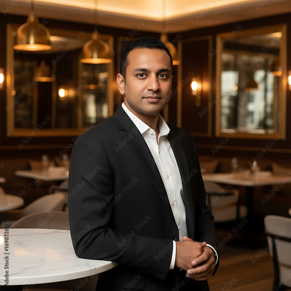 Fototapeta premium Confident professional businessman in suit in upscale restaurant