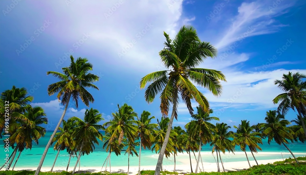 Fototapeta premium Tropical beach with palm trees, turquoise water, and a vibrant sky