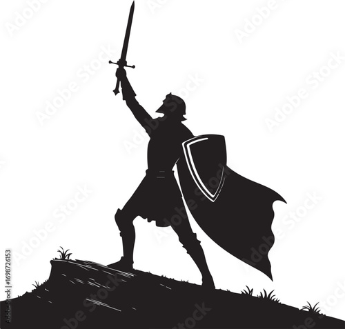 Silhouette of a knight in armor holding a sword and shield on a grassy hilltop warrior soldier