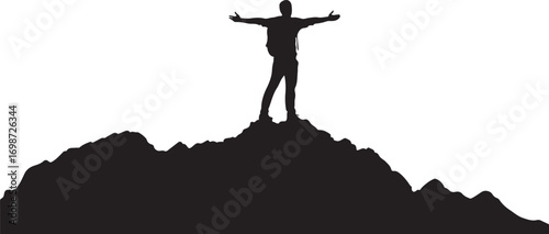 Silhouette of a hiker with arms outstretched on a mountain peak person woman
