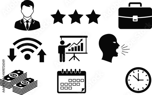 A versatile set of monochrome business icons representing finance, management,communication, and corporate strategy concepts