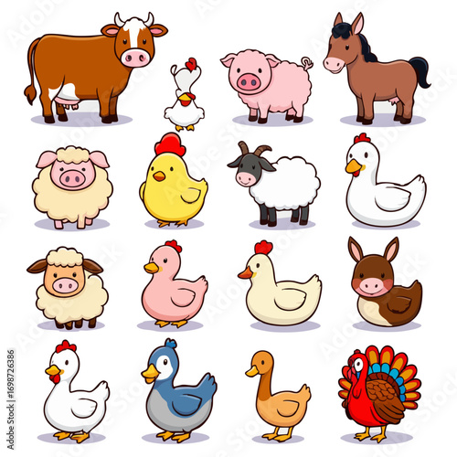 Cute cartoon farm animals collection, including cow, pig, sheep, chickens, ducks, donkey, horse, and turkey.