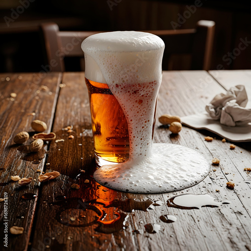 Beer foam overflows in a chaotic party atmosphere with spilled alcohol.