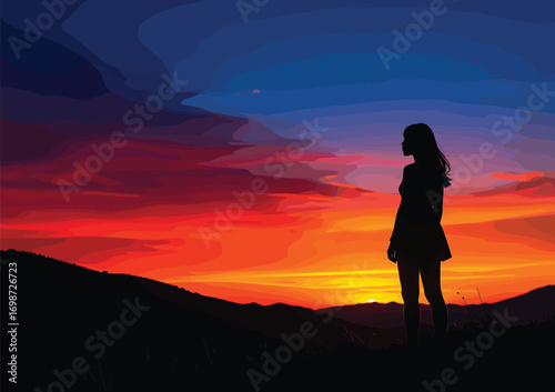 A solitary woman's silhouette stands against a dramatic and colorful sunset, symbolizing quiet reflection and hope