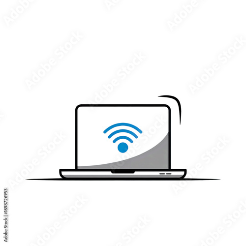 Minimalistic vector illustration of a laptop with Wi-Fi icon on the screen, wireless internet connectivity concept, black and white line art, isolated on white background