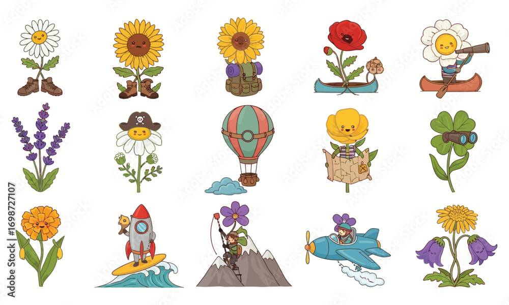 Naklejka premium Whimsical Flower Characters on Adventures travel exploration.