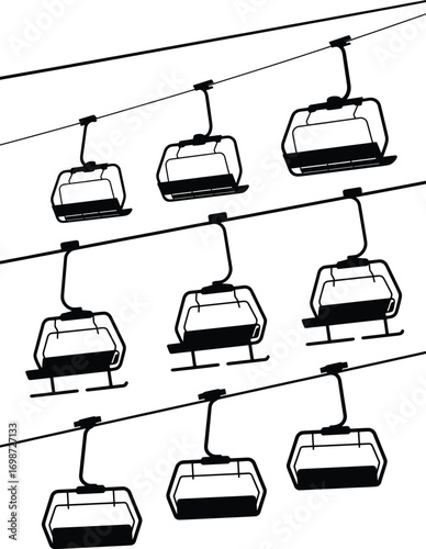 Ski Lift Vector Set, Mountain Cable Car Silhouette Illustration.