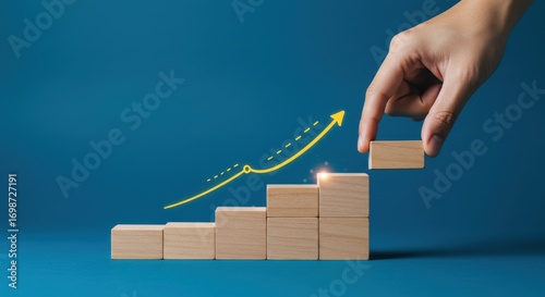 Conceptual image of a hand stacking wooden blocks to represent business growth and success